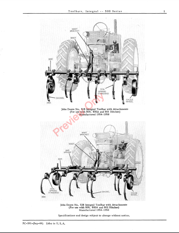 JOHN DEERE INTEGRAL TOOLBARS-500 SERIES PC391 - PARTS CATALOG MANUAL