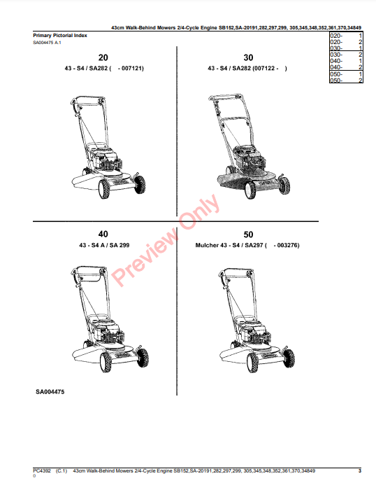 JOHN DEERE 43CM WALK-BEHIND MOWERS 2/4-CYCLE ENGINE SB152, SA20191, SA282, SA297, SA299, SA305, SA345, SA348, SA352 PC4392 - PARTS CATALOG MANUAL