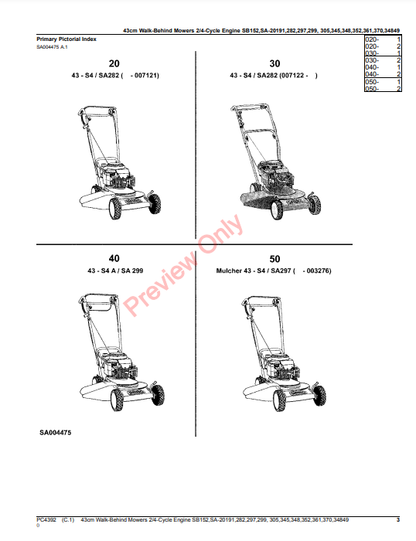 JOHN DEERE 43CM WALK-BEHIND MOWERS 2/4-CYCLE ENGINE SB152, SA20191, SA282, SA297, SA299, SA305, SA345, SA348, SA352 PC4392 - PARTS CATALOG MANUAL