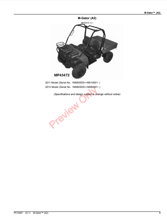 JOHN DEERE M-GATOR (A2) PC10501 - PARTS CATALOG MANUAL