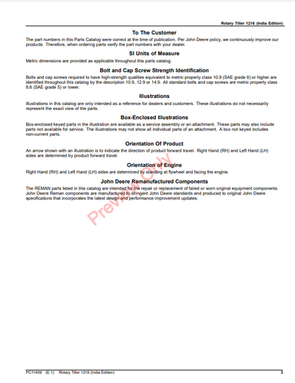 JOHN DEERE ROTARY TILLER 1216 (INDIA EDITION) PC11409 - PARTS CATALOG MANUAL