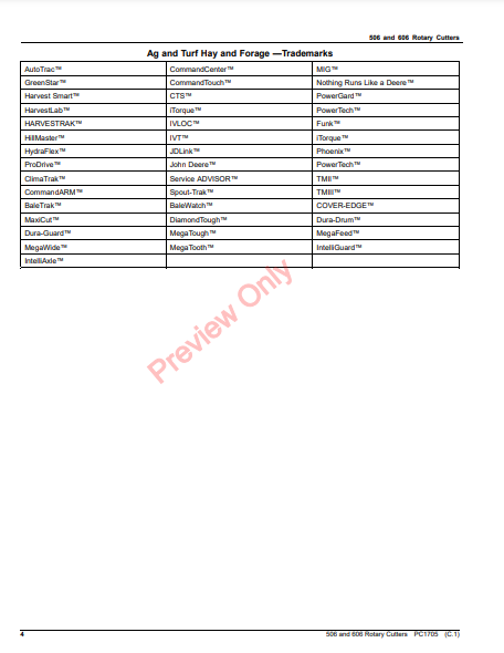 JOHN DEERE 506 AND 606 ROTARY CUTTERS PC1705 - PARTS CATALOG MANUAL