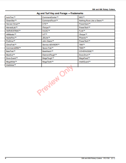 JOHN DEERE 506 AND 606 ROTARY CUTTERS PC1705 - PARTS CATALOG MANUAL