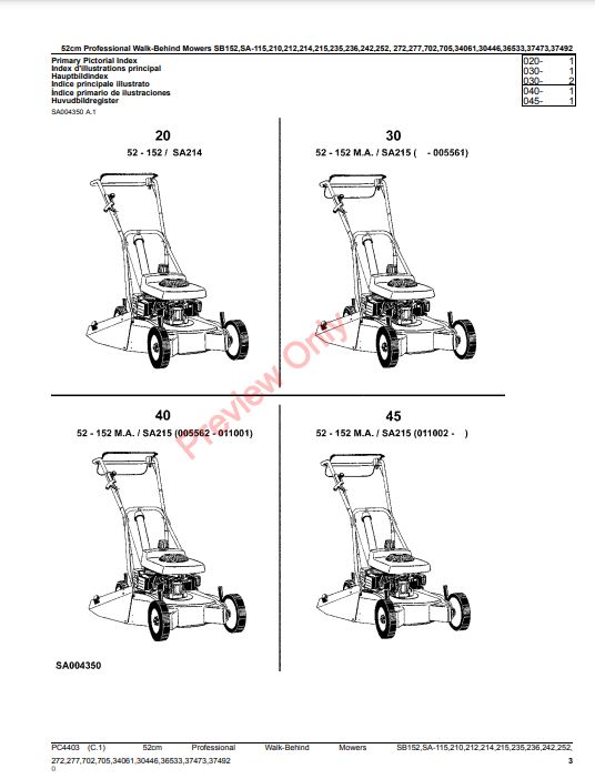 JOHN DEERE 52CM PROFESSIONAL WALK-BEHIND MOWERS 2-CYCLE ENGINE SB152, SA-115, 210, 212, 214, 215, 235, 236, 242, 252 PC4403 - PARTS CATALOG MANUAL