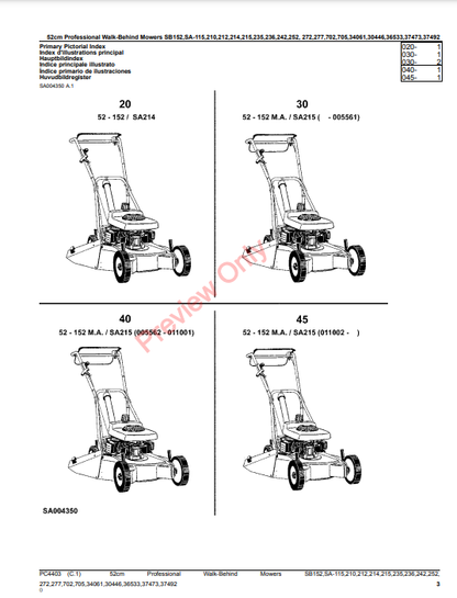 JOHN DEERE 52CM PROFESSIONAL WALK-BEHIND MOWERS 2-CYCLE ENGINE SB152, SA-115, 210, 212, 214, 215, 235, 236, 242, 252 PC4403 - PARTS CATALOG MANUAL