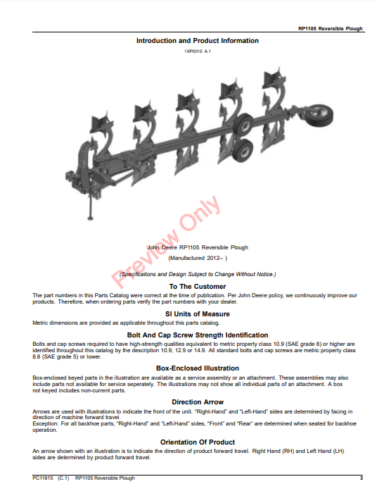 JOHN DEERE RP1105 REVERSIBLE PLOUGH PC11815 - PARTS CATALOG MANUAL