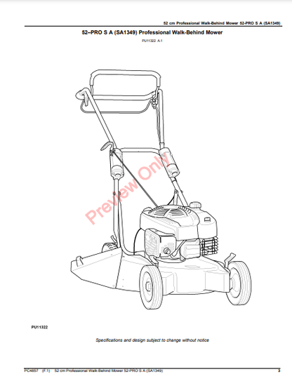 JOHN DEERE 52 CM PROFESSIONAL WALK-BEHIND MOWER 52-PRO S A (SA1349) PC4857 - PARTS CATALOG MANUAL