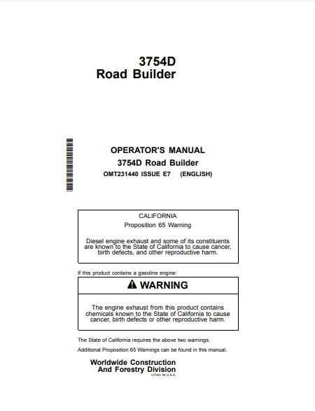 OMT231440 - JOHN DEERE 3754D (D SERIES) Forestry Road Builders  OPERATOR MANUAL