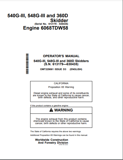 OMT229061 - JOHN DEERE 540GIII,548GIII,360D (G SERIES III, D SERIES) Forestry Skidders OPERATOR MANUAL