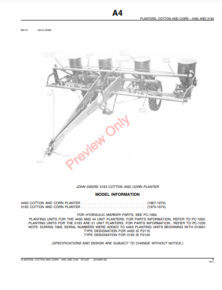 JOHN DEERE 4493, 5193 COTTON & CORN PLANTERS PC1037 - PARTS CATALOG MANUAL