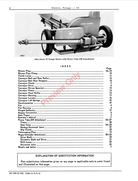 JOHN DEERE 55 FORAGE BLOWER PC548 - PARTS CATALOG MANUAL