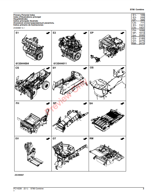 JOHN DEERE S780 COMBINE PC14228 - PARTS CATALOG MANUAL