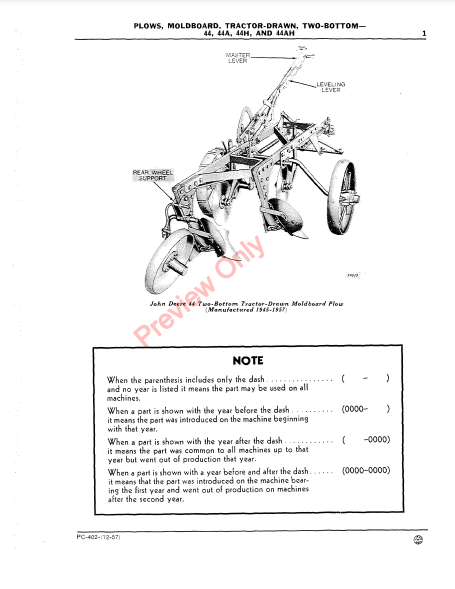 JOHN DEERE 44, 44A, 44H, 44AH TWO-BOTTOM TRACTOR-DRAWN MOLDBOARD PLOWS PC402 - PARTS CATALOG MANUAL