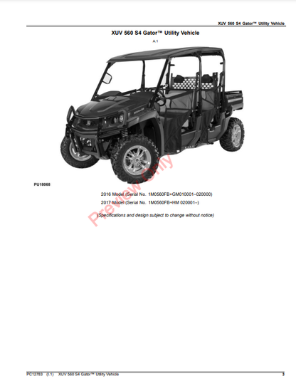 JOHN DEERE XUV 560 S4 GATOR UTILITY VEHICLE PC12783 - PARTS CATALOG MANUAL