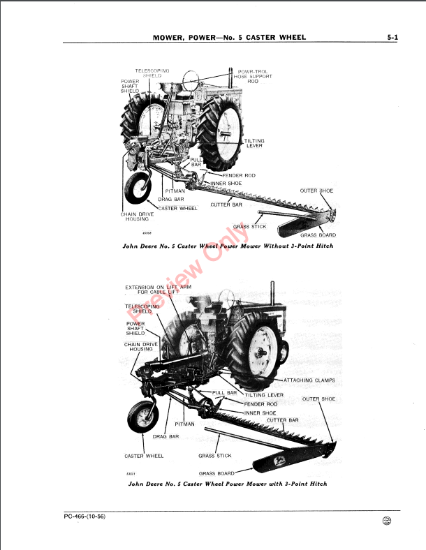 JOHN DEERE NO.5 CASTER-WHEEL POWER MOWER PC466 - PARTS CATALOG MANUAL