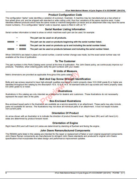 JOHN DEERE 47CM WALK-BEHIND MOWER 4-CYCLE ENGINE, 47-A ECONOMY (SA1274) PC4789 - PARTS CATALOG MANUAL