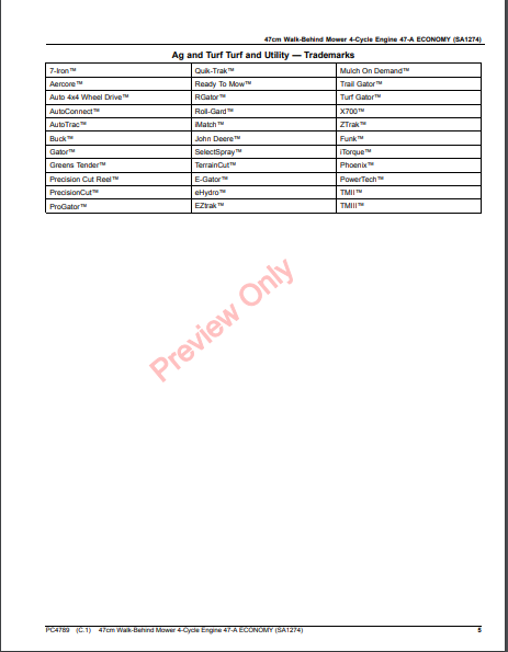 JOHN DEERE 47CM WALK-BEHIND MOWER 4-CYCLE ENGINE, 47-A ECONOMY (SA1274) PC4789 - PARTS CATALOG MANUAL