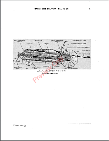 JOHN DEERE 553 THRU 594 HAY RAKE, SIDE DELIVERY PC238 - PARTS CATALOG MANUAL