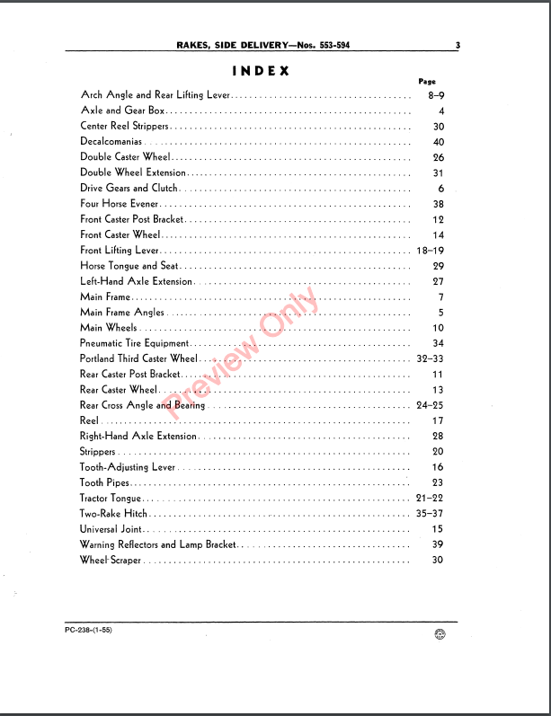 JOHN DEERE 553 THRU 594 HAY RAKE, SIDE DELIVERY PC238 - PARTS CATALOG MANUAL