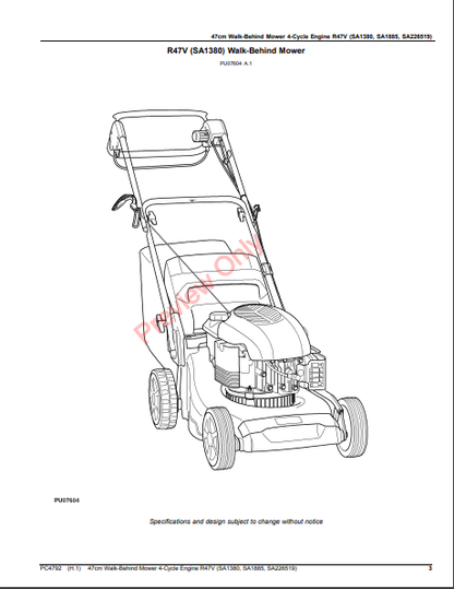 JOHN DEERE 47CM WALK-BEHIND MOWER 4-CYCLE ENGINE, R47V (SA1380, SA1885, SA226519) PC4792 - PARTS CATALOG MANUAL