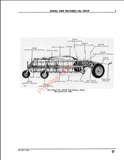 JOHN DEERE 594LW HAY RAKE, SIDE DELIVERY PC182 - PARTS CATALOG MANUAL