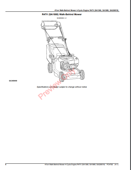 JOHN DEERE 47CM WALK-BEHIND MOWER 4-CYCLE ENGINE, R47V (SA1380, SA1885, SA226519) PC4792 - PARTS CATALOG MANUAL