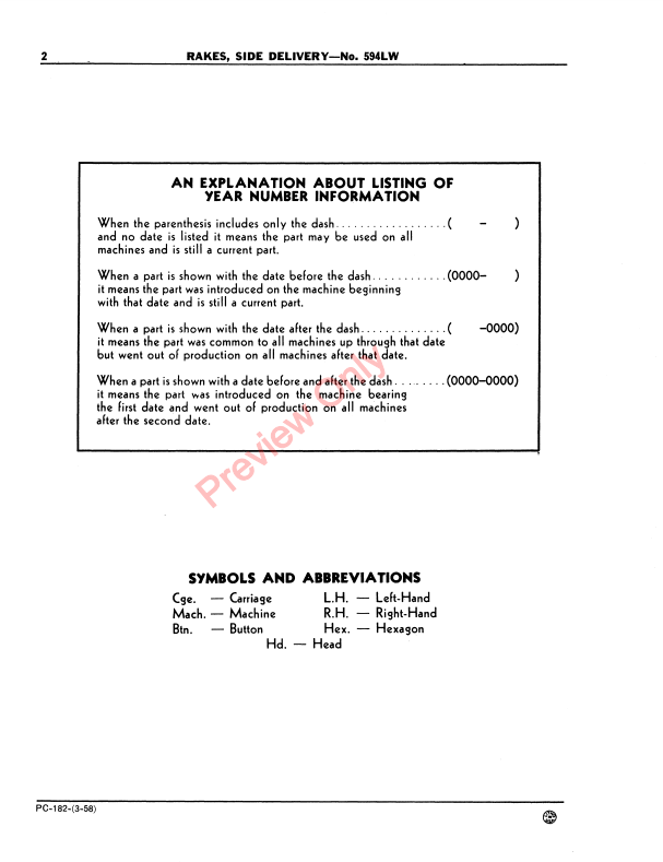 JOHN DEERE 594LW HAY RAKE, SIDE DELIVERY PC182 - PARTS CATALOG MANUAL