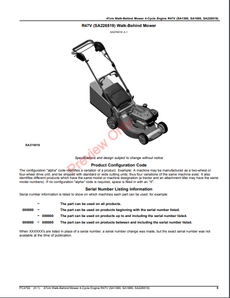 JOHN DEERE 47CM WALK-BEHIND MOWER 4-CYCLE ENGINE, R47V (SA1380, SA1885, SA226519) PC4792 - PARTS CATALOG MANUAL