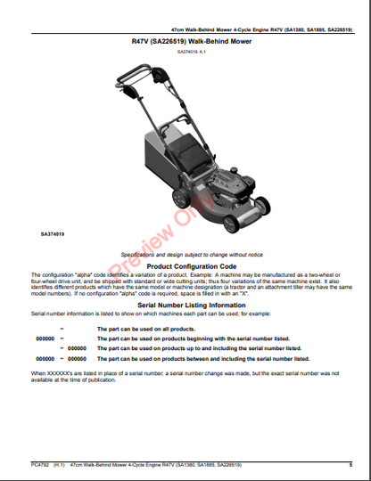 JOHN DEERE 47CM WALK-BEHIND MOWER 4-CYCLE ENGINE, R47V (SA1380, SA1885, SA226519) PC4792 - PARTS CATALOG MANUAL