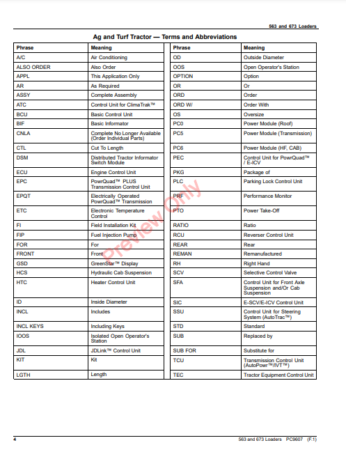 JOHN DEERE 563 AND 673 LOADERS PC9607 - PARTS CATALOG MANUAL