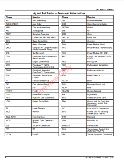 JOHN DEERE 563 AND 673 LOADERS PC9607 - PARTS CATALOG MANUAL