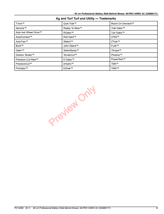 JOHN DEERE 48CM PROFESSIONAL BATTERY WALK-BEHIND MOWER, 48-PRO VARIO AC (SAB80117) PC14208 - PARTS CATALOG MANUAL