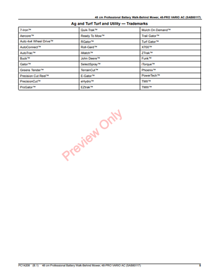 JOHN DEERE 48CM PROFESSIONAL BATTERY WALK-BEHIND MOWER, 48-PRO VARIO AC (SAB80117) PC14208 - PARTS CATALOG MANUAL