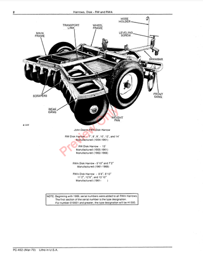 JOHN DEERE RW, RWA DISK HARROWS PC452 - PARTS CATALOG MANUAL