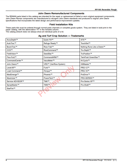 JOHN DEERE RP1105 REVERSIBLE PLOUGH PC11815 - PARTS CATALOG MANUAL