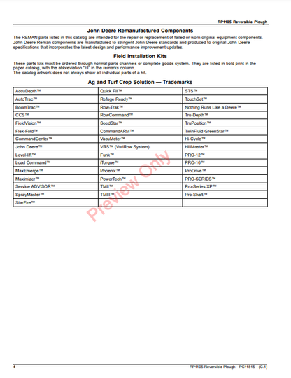 JOHN DEERE RP1105 REVERSIBLE PLOUGH PC11815 - PARTS CATALOG MANUAL