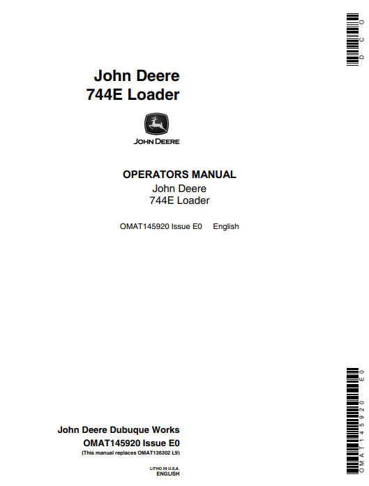 JOHN DEERE 744E (E SERIES) Construction Excavators OPERATOR MANUAL - OMAT145920_