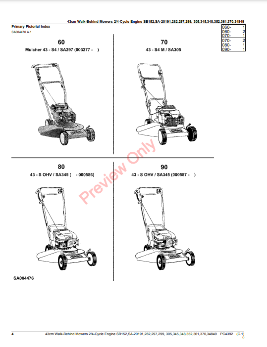 JOHN DEERE 43CM WALK-BEHIND MOWERS 2/4-CYCLE ENGINE SB152, SA20191, SA282, SA297, SA299, SA305, SA345, SA348, SA352 PC4392 - PARTS CATALOG MANUAL