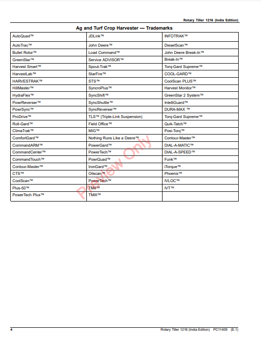 JOHN DEERE ROTARY TILLER 1216 (INDIA EDITION) PC11409 - PARTS CATALOG MANUAL