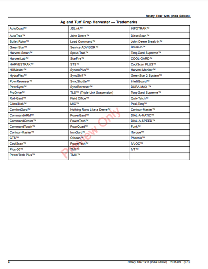 JOHN DEERE ROTARY TILLER 1216 (INDIA EDITION) PC11409 - PARTS CATALOG MANUAL