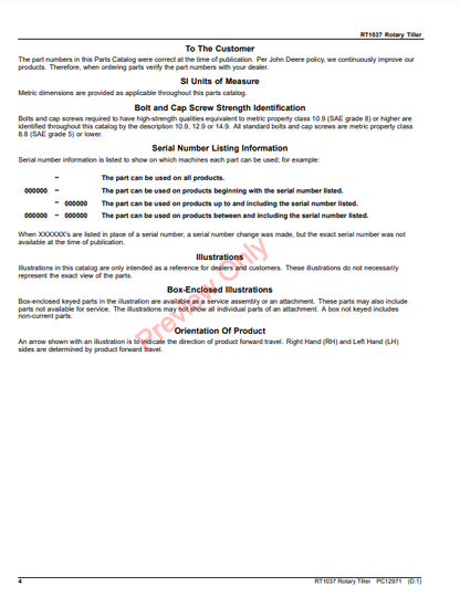 JOHN DEERE RT1037 ROTARY TILLER PC12971 - PARTS CATALOG MANUAL