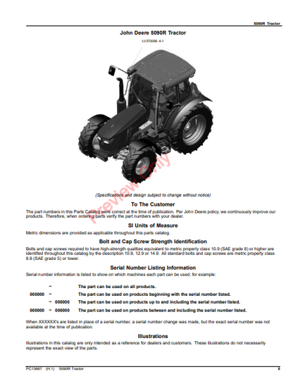 JOHN DEERE 5090R TRACTOR PC13667 - PARTS CATALOG MANUAL