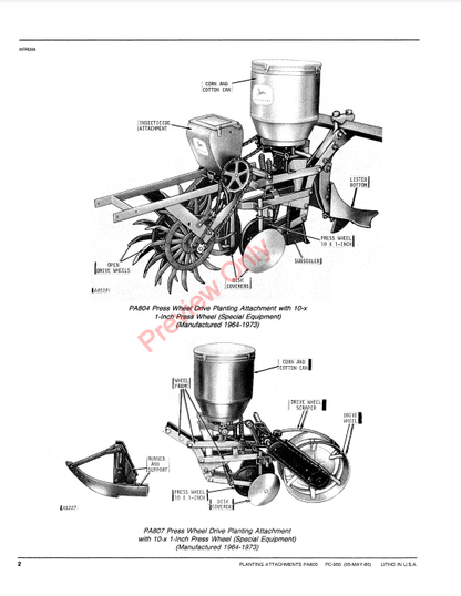 JOHN DEERE PA800 SERIES PLANTING ATTACHMENTS PC950 - PARTS CATALOG MANUAL