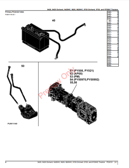 JOHN DEERE 5425, 5425 ORCHARD, 5425HC, 5625, 5625HC, 5725, 5725 ORCHARD AND 5725HC TRACTORS PC6101 - PARTS CATALOG MANUAL