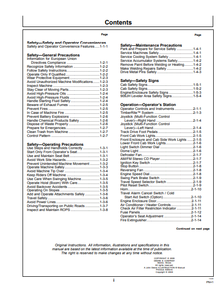 OMT238858 - JOHN DEERE 853JH,903JH,909JH (J SERIES) Forestry Tracked Harvesters OPERATOR MANUAL