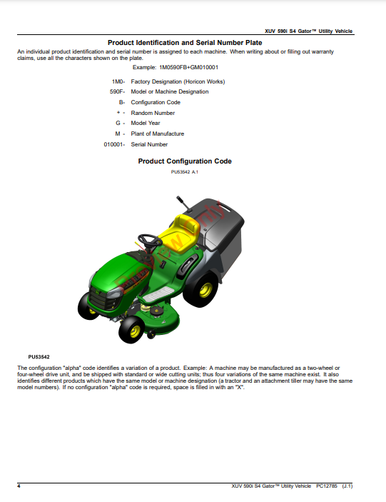 JOHN DEERE XUV 590I S4 GATOR UTILITY VEHICLE PC12785 - PARTS CATALOG MANUAL