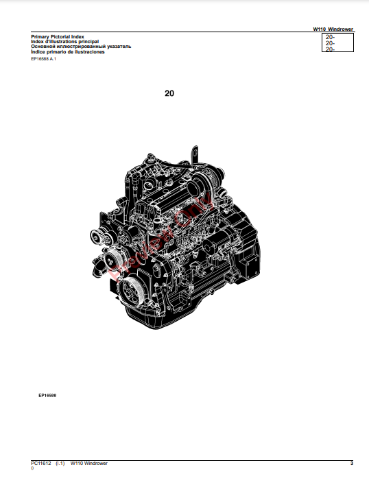 JOHN DEERE W110 WINDROWER PC11612 - PARTS CATALOG MANUAL