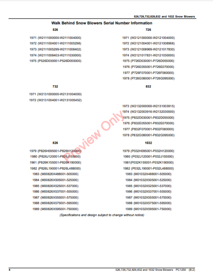 JOHN DEERE 526, 726, 732, 826, 832 AND 1032 WALK-BEHIND SNOW BLOWERS PC1250 - PARTS CATALOG MANUAL