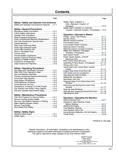 OMT213055 - JOHN DEERE 180CW,210CW (C SERIES) Construction Excavators OPERATOR MANUAL