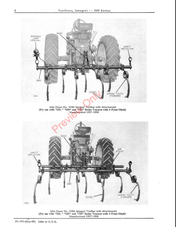 JOHN DEERE INTEGRAL TOOLBARS-500 SERIES PC391 - PARTS CATALOG MANUAL